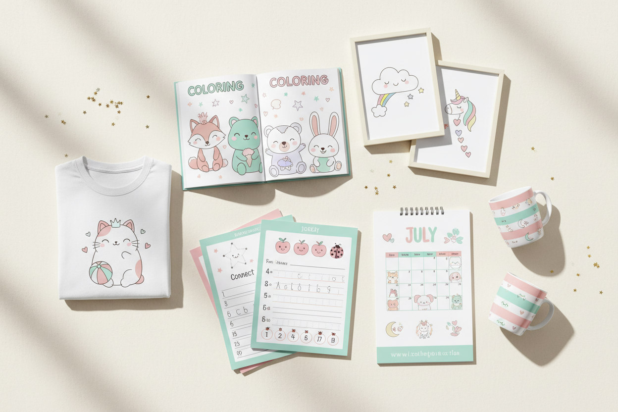 cute digital products like coloring book, wallart, worksheet, calendar, tshirt, mugs